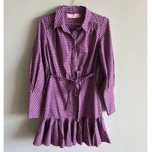 Bizuu Womens Long Sleeve Checkered Pattern Dress Pink Size 40